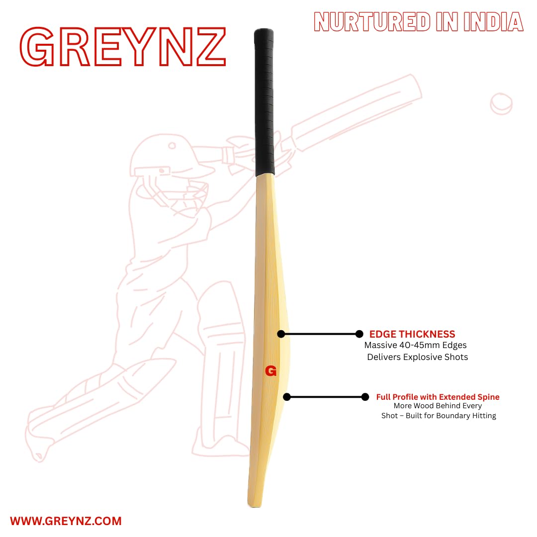 GREYNZ Mid to Low Profile English Willow Cricket Bat | Nurtured in India | Massive Edges | Sarawak Cane Handle | Curved Blade | Premium Balance | Includes Full Length Bat Cover - Image 4